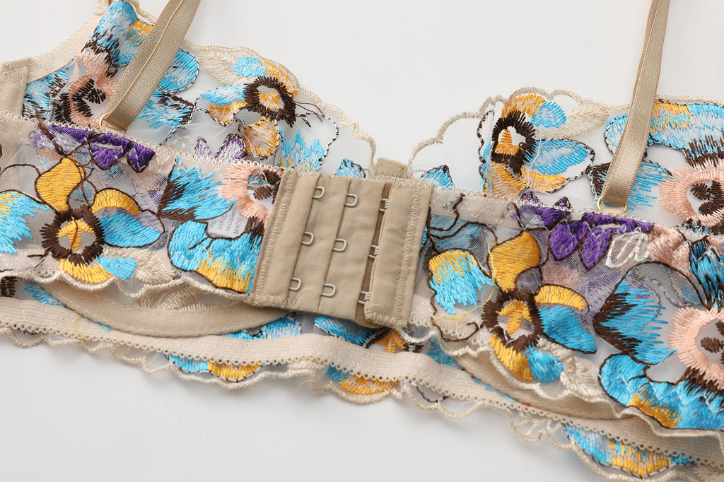 Pansy Beige Blossom Floral Lace 3-Piece Lingerie Set