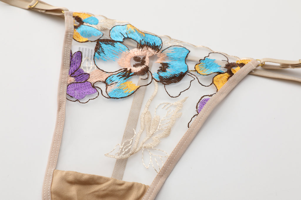 Pansy Beige Blossom Floral Lace 3-Piece Lingerie Set