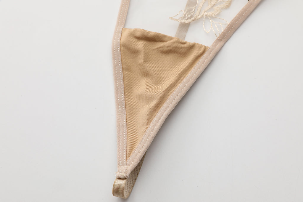 Pansy Beige Blossom Floral Lace 3-Piece Lingerie Set