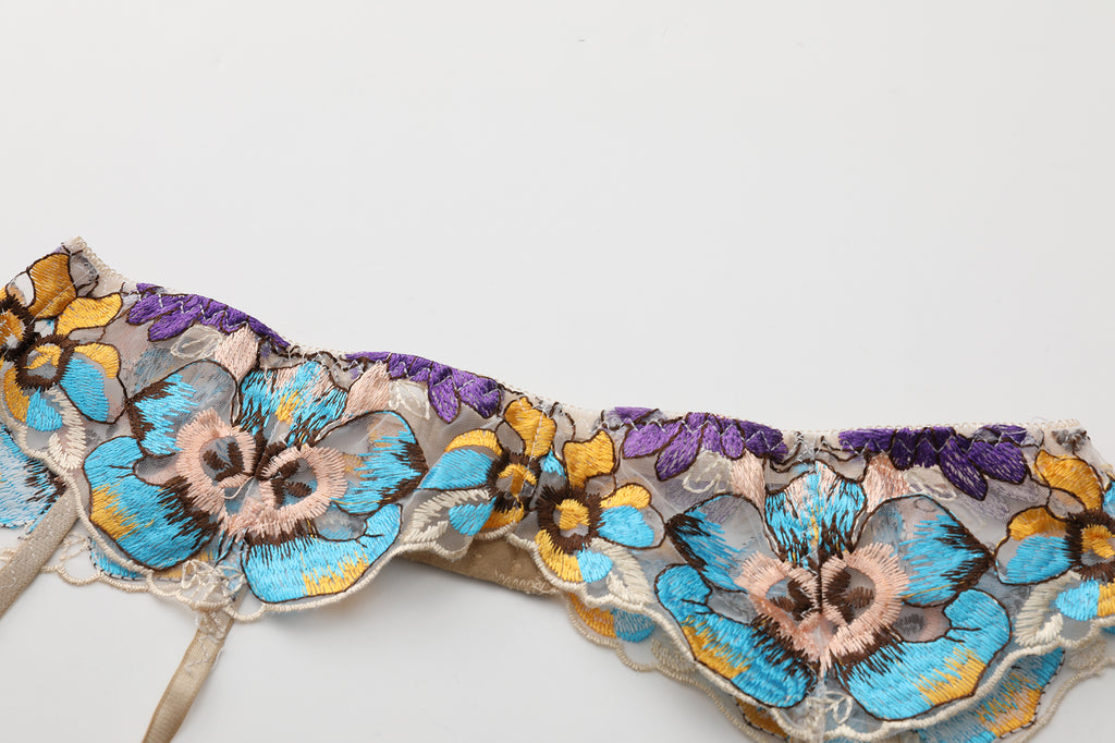 Pansy Beige Blossom Floral Lace 3-Piece Lingerie Set