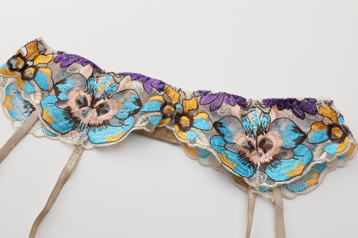 Pansy Beige Blossom Floral Lace 3-Piece Lingerie Set