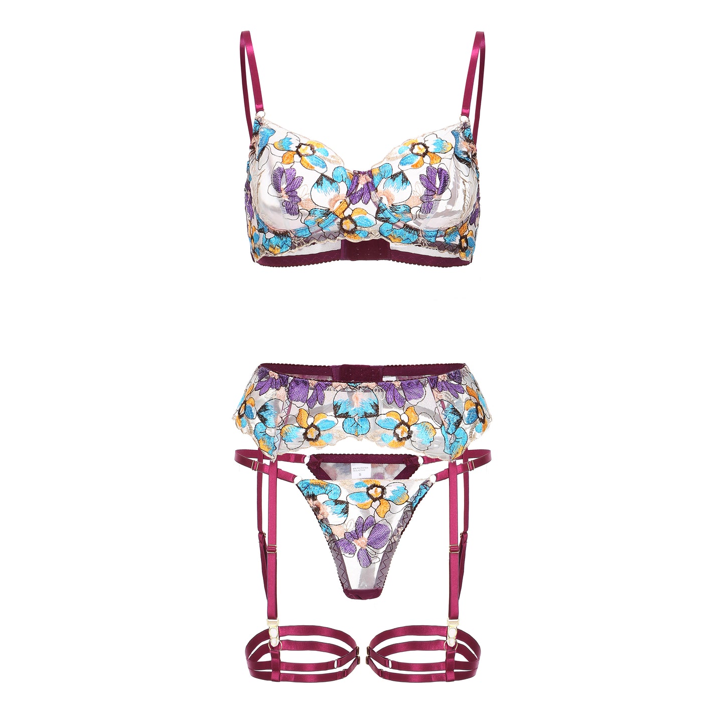 Elegant Pansy Blooms Floral Lace 3-Piece Lingerie Set