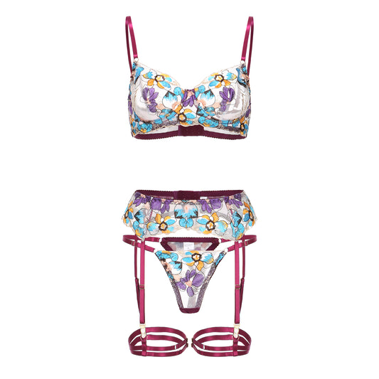 Elegant Pansy Blooms Floral Lace 3-Piece Lingerie Set