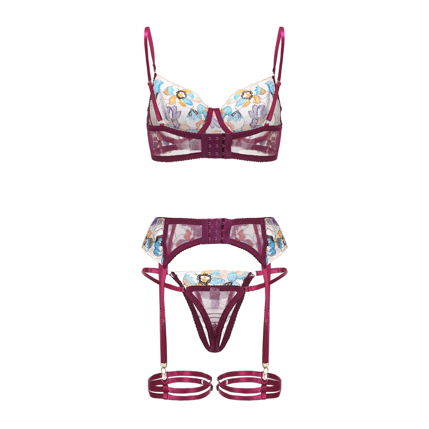 Elegant Pansy Blooms Floral Lace 3-Piece Lingerie Set
