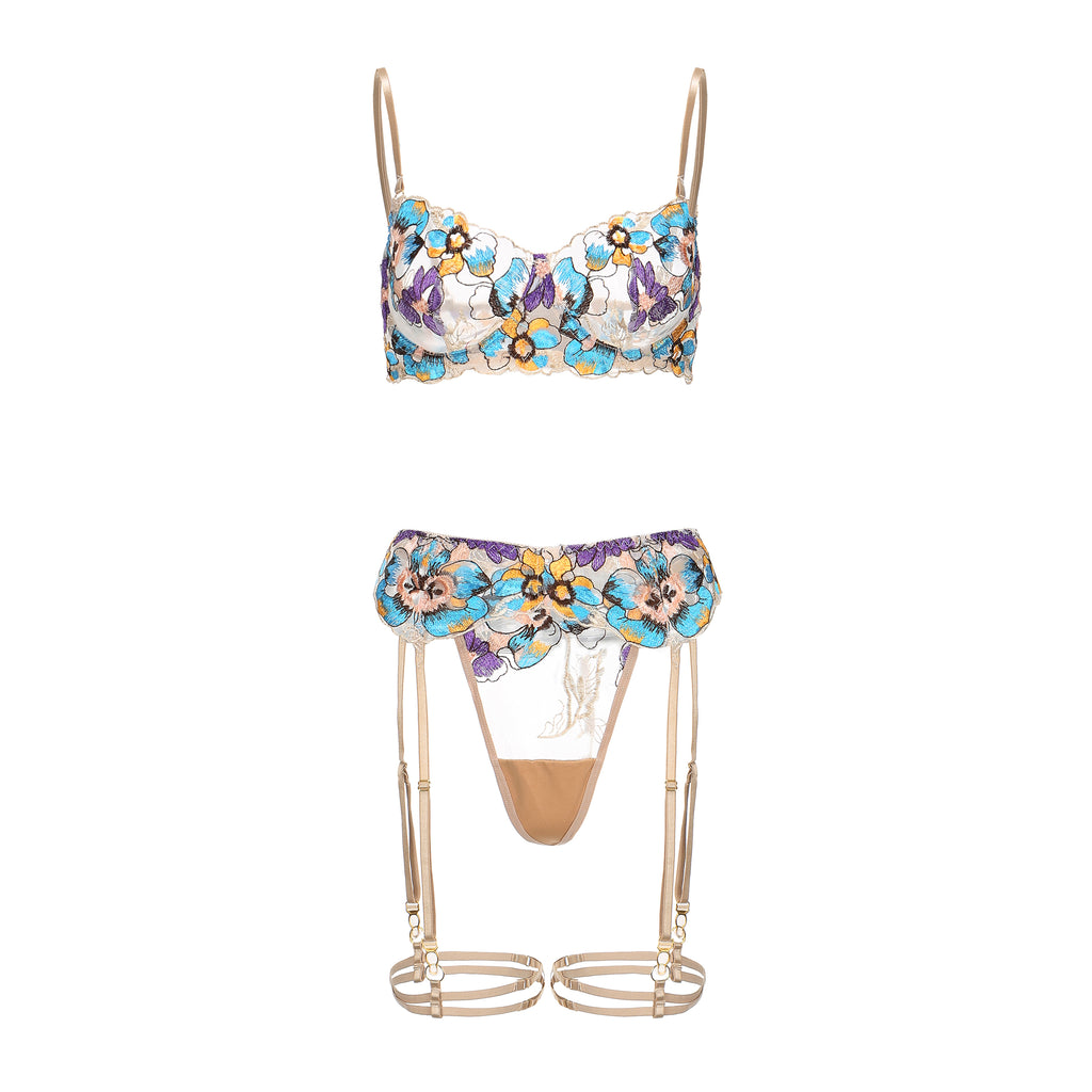 Pansy Beige Blossom Floral Lace 3-Piece Lingerie Set