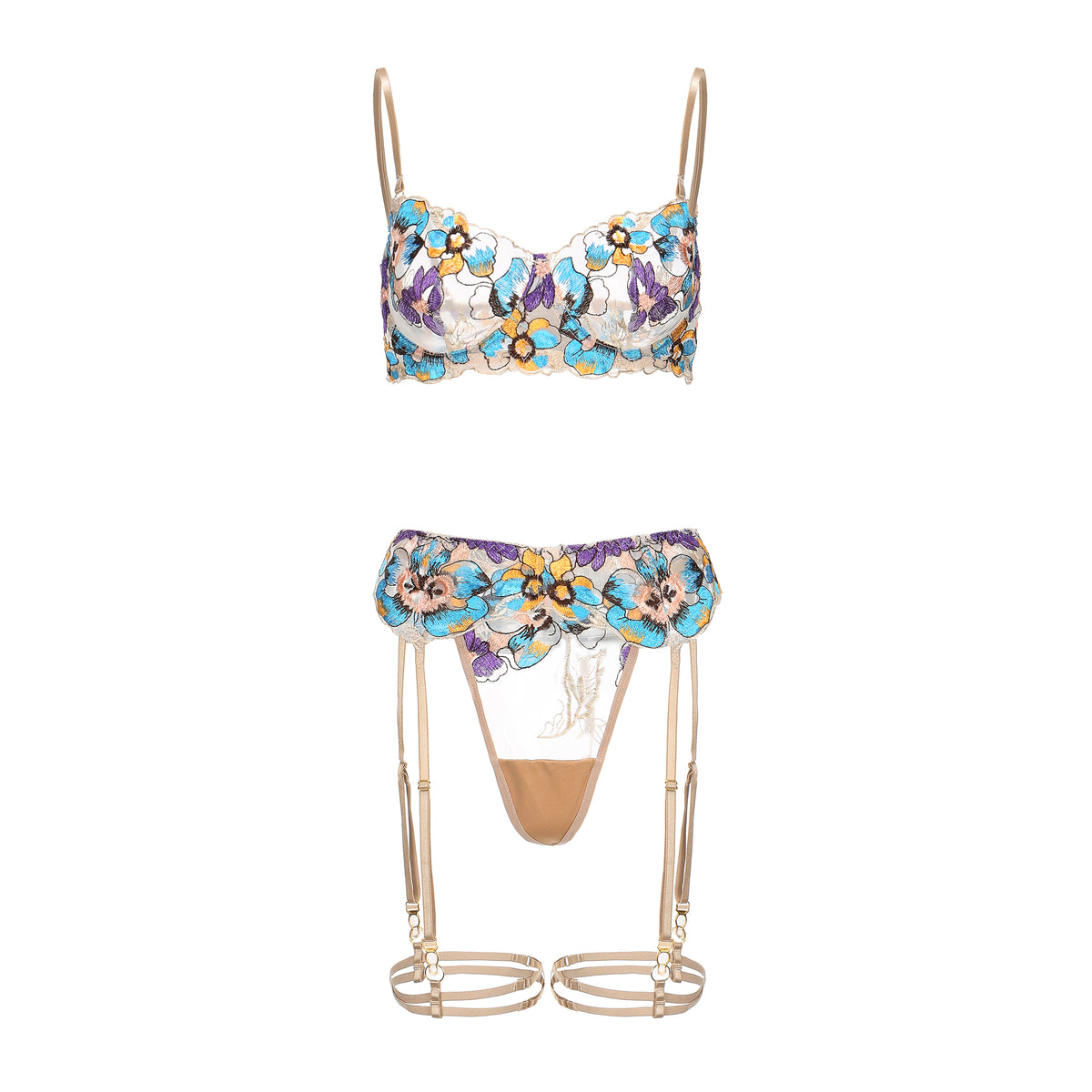 Pansy Beige Blossom Floral Lace 3-Piece Lingerie Set