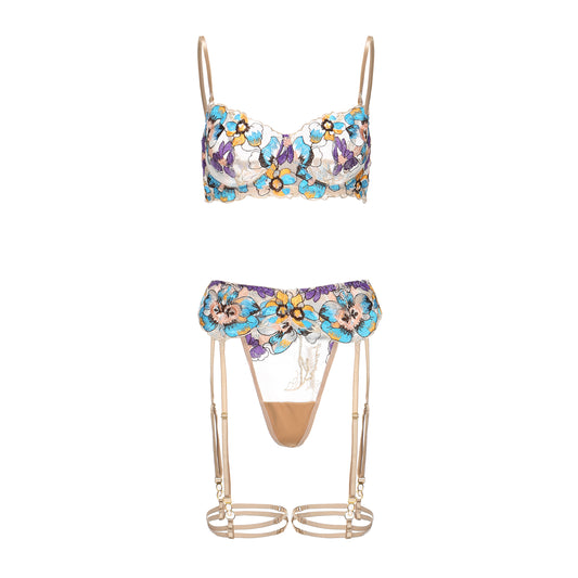 Pansy Beige Blossom Floral Lace 3-Piece Lingerie Set