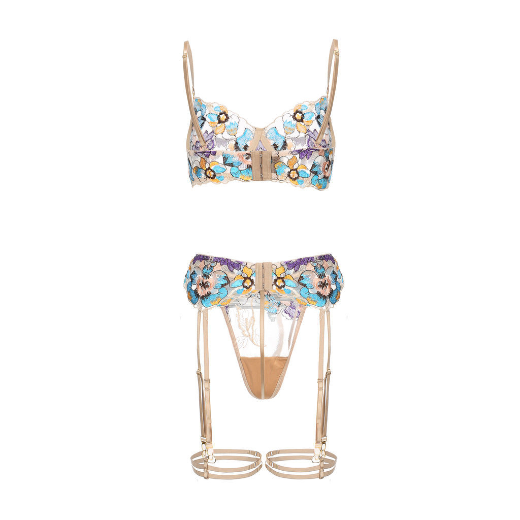 Pansy Beige Blossom Floral Lace 3-Piece Lingerie Set