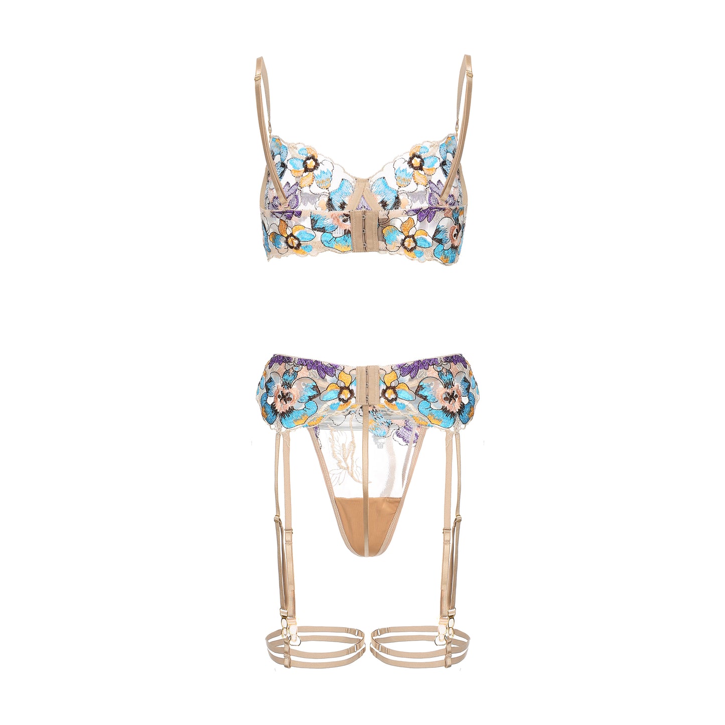 Pansy Beige Blossom Floral Lace 3-Piece Lingerie Set