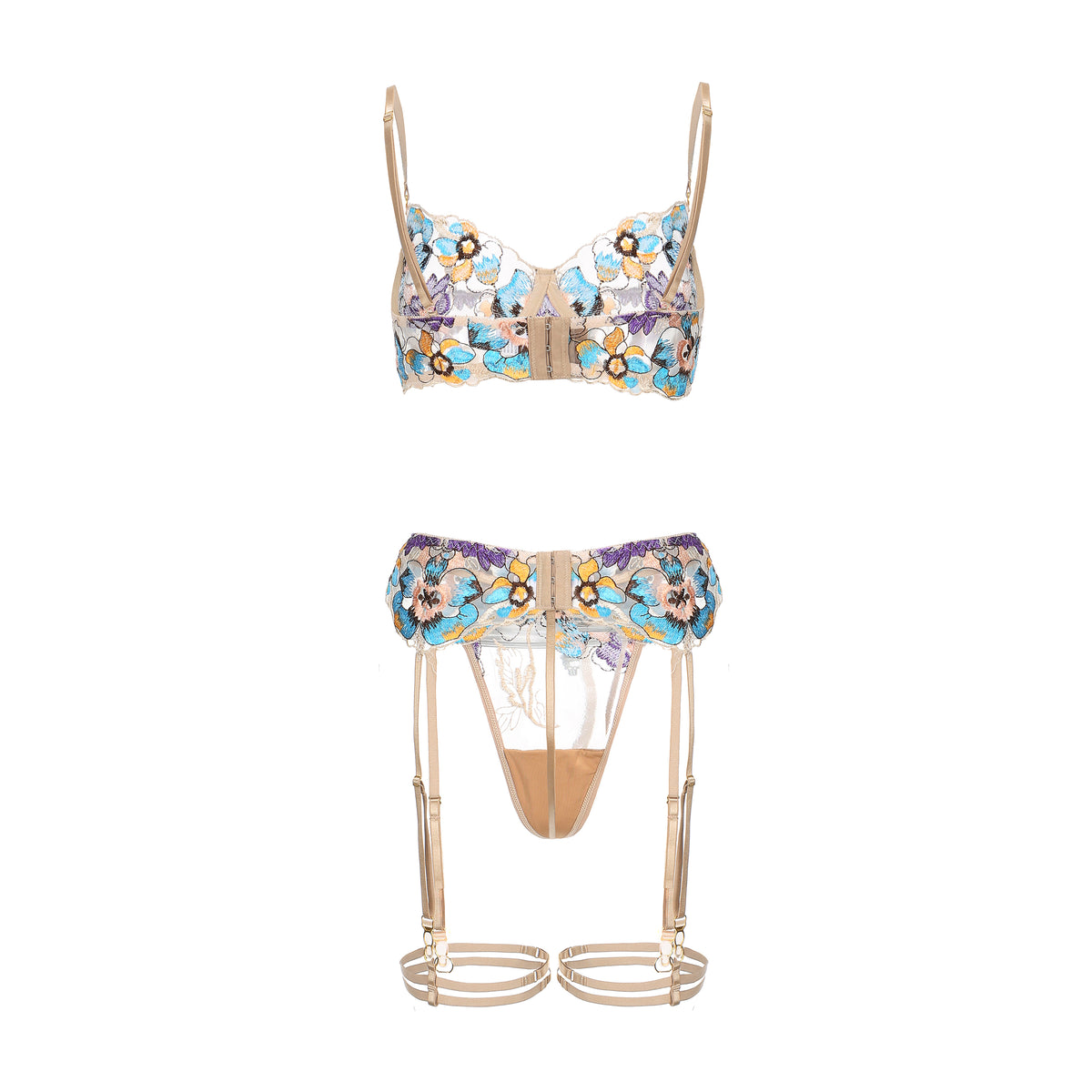 Pansy Beige Blossom Floral Lace 3-Piece Lingerie Set