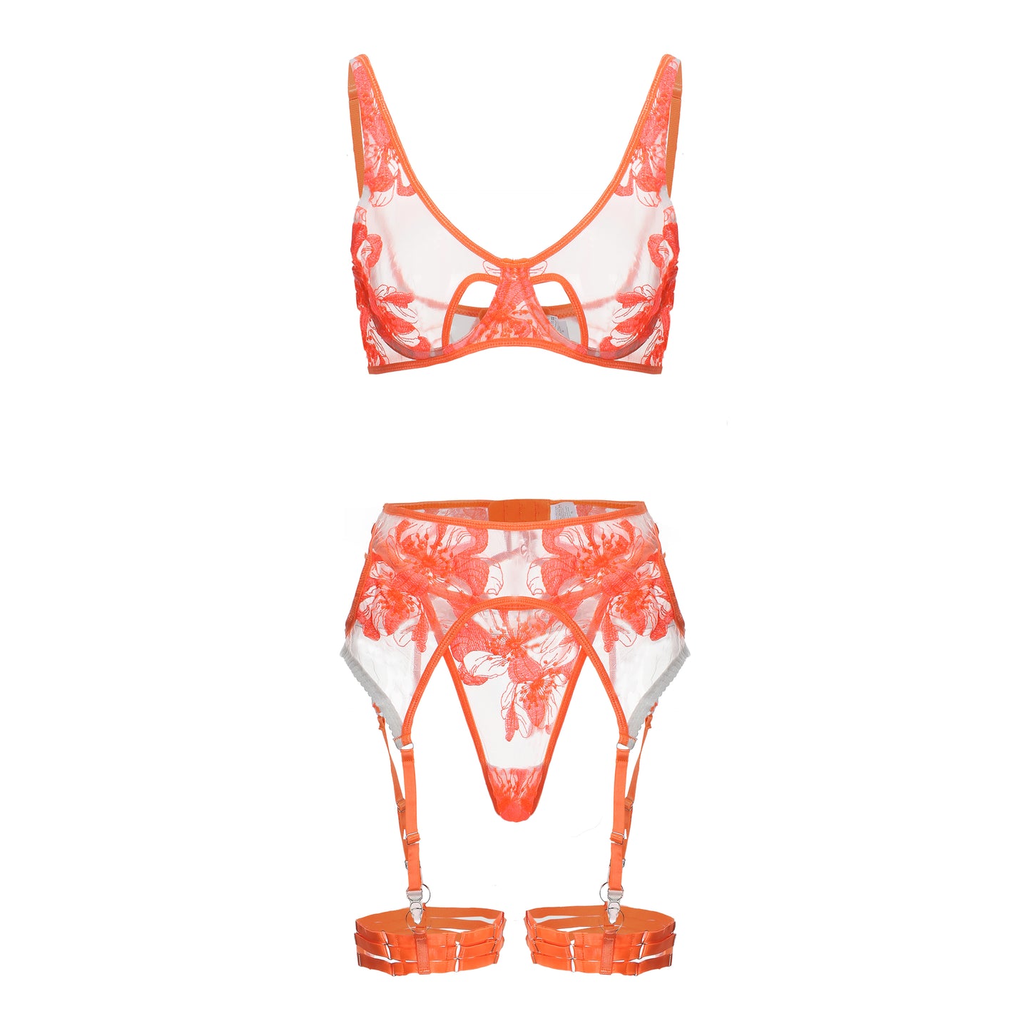 Hibiscus Glow Neon Orange Floral Lace Lingerie Set