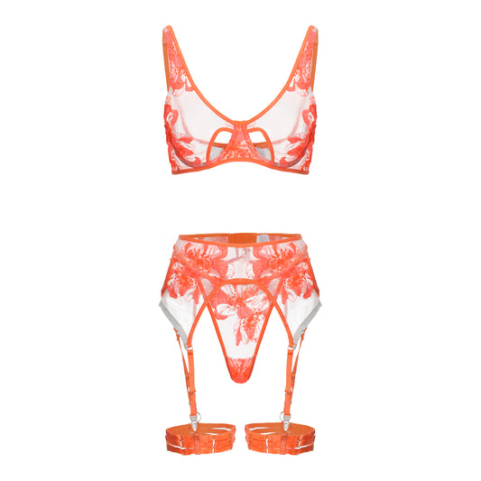 Hibiscus Glow Neon Orange Floral Lace Lingerie Set
