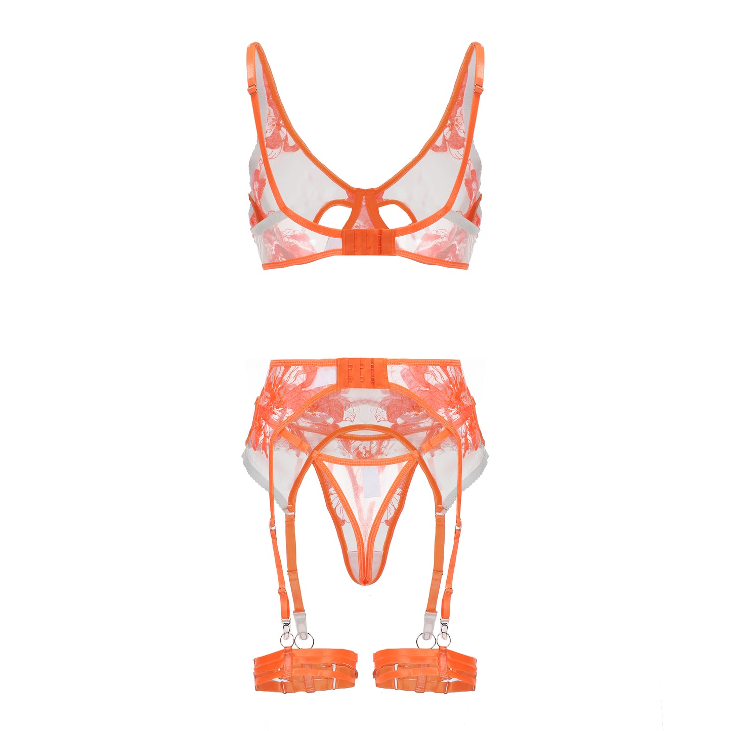 Hibiscus Glow Neon Orange Floral Lace Lingerie Set