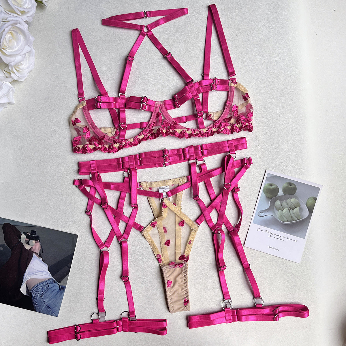 Neon Love Affair Pink Heart Lace 3-Piece Lingerie Set