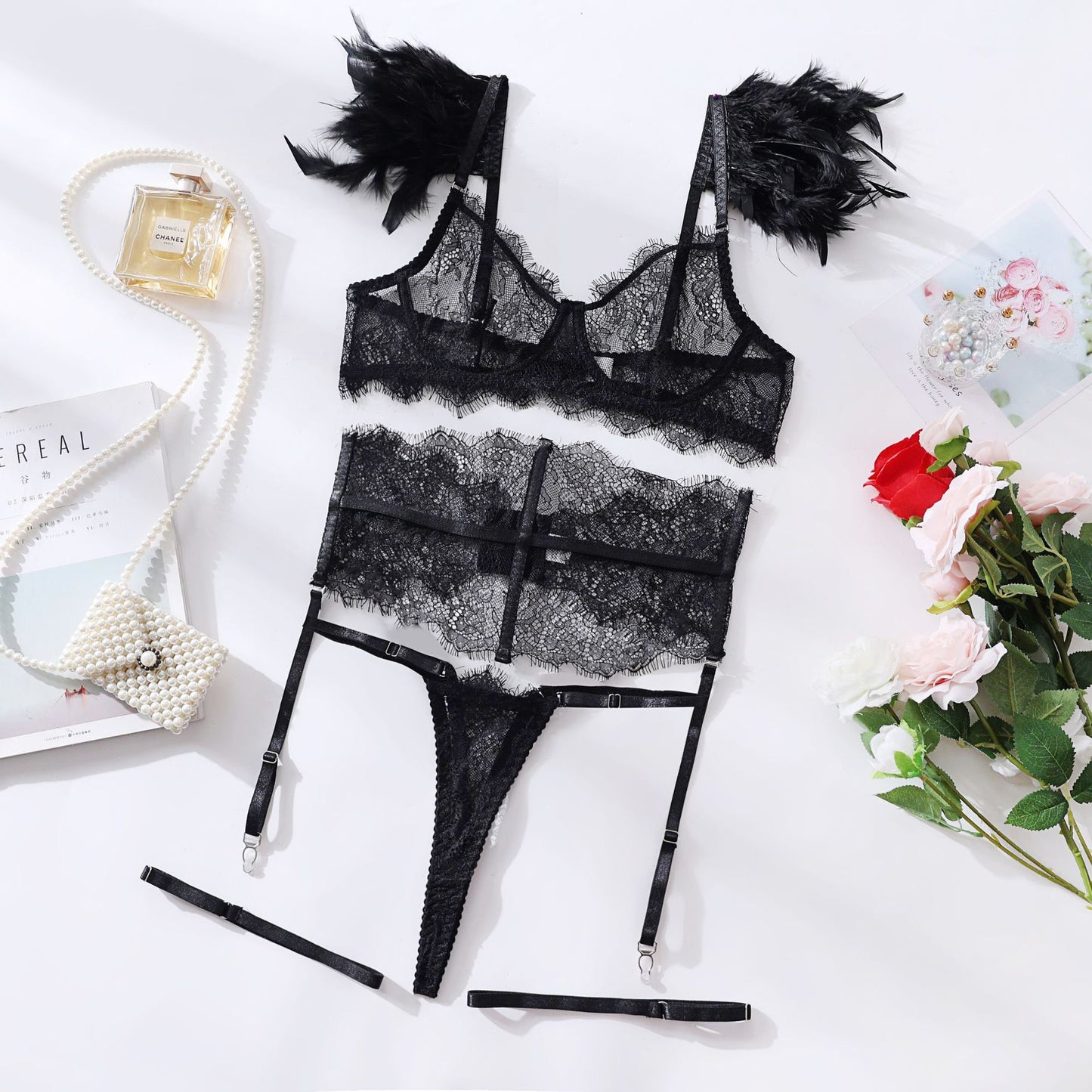 Fallen Angel Lace Lingerie Set with Feathered Elegance