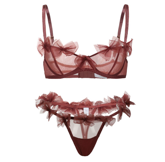 Burgundy Elegance Sheer Lace Bows Lingerie Set